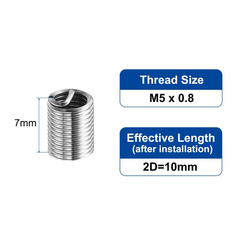 Wire Thread Inserts M5 x 0.8 Helical 2D 10mm Stainless Steel 304 Coiled Thread Repair Kit with dimensions and thread size indicators.