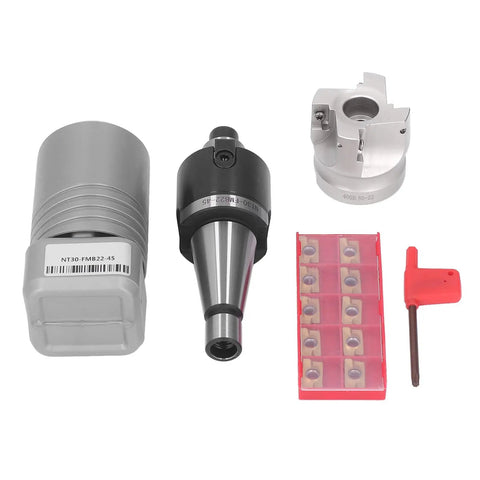 Beefy Indexable End Mill Holder NT30 FMB22 45 Degree Milling Cutter Holder Kit with 10 APMT1604 Inserts and wrench.