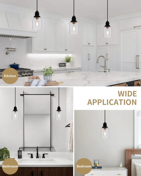 Slick Five Point Five Inch Seeded Glass Mini Pendant Light Featuring Badass Black Metal Hanging Fixtures For Kitchen Island And Dining Room in a kitchen, bathroom, and bedroom.