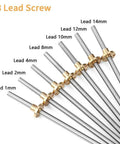 Dope T8 Lead Screw For 3D Printers 8mm Diameter With Brass Nut Included, various lead options displayed