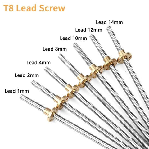 Pro-Grade T8 Lead Screw For 3D Printers 8mm Diameter With Brass Nut, Lengths From 100 To 600mm, Lead Options shown