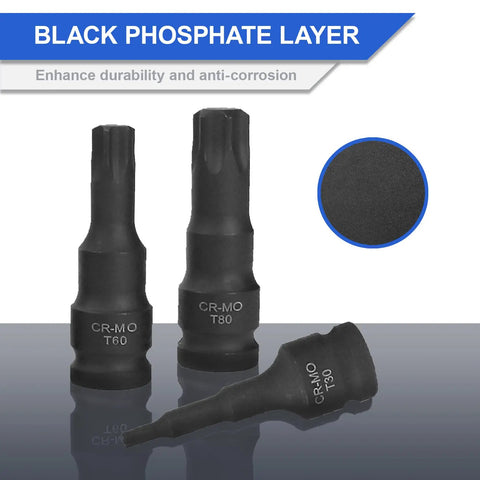 Three Cr-Mo steel torx sockets T30, T60, T80 with black phosphate finish, part of Eight Piece Impact Torx Socket Set With One Half Inch Drive Cr-Mo Steel Bits T30 Through T80 In Case Drop Forged Heat Treated Black Phosphate Finish For Heavy Duty Auto And Garage Use.