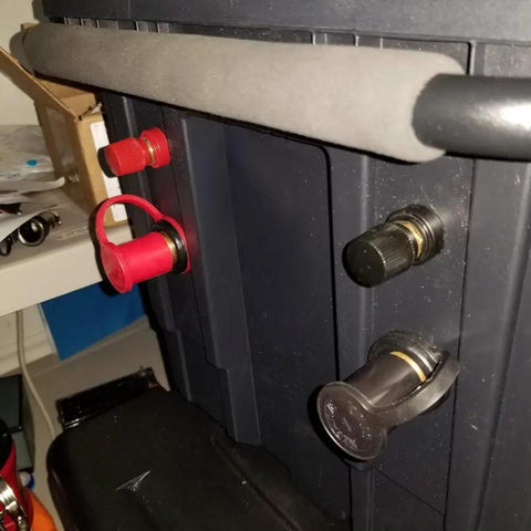No Sweat M10 Remote Battery Terminals And 250 Amp Jump Post For Quick Terminal Relocation Easy Panel Mount With Solid Brass Core Red Black Pair For Your Ride, close up view of mounted terminals.