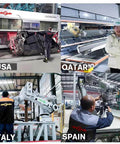 Waterjet pump spare parts collage showing pump assemblies and technicians installing components in USA, Qatar, Italy, Spain.
