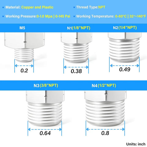 Push To Connect Fittings Kit 1/4 Inch 3/8 Inch 1/2 Inch Set copper and plastic connectors, size chart for DIY and pro use.