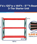 Heavy Duty 3 Tier Pallet Rack Starter Unit Rock Solid Steel Shelving Built Tough For Warehouse Storage 48 By 120 By 144 Inches with red beams.