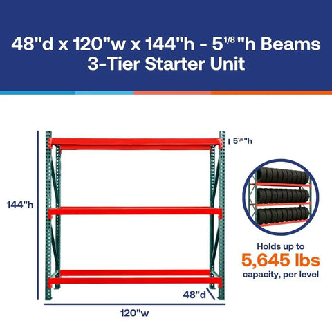 Heavy Duty 3 Tier Pallet Rack Starter Unit Rock Solid Steel Shelving Built Tough For Warehouse Storage 48 By 120 By 144 Inches with red beams.