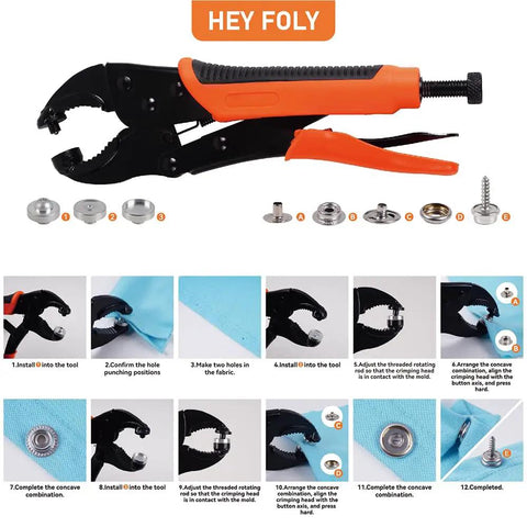 Beefy Heavy Duty Snap Fastener Tool Set With Adjustable Punch And Setter Includes 40 Snap Sets 15mm Stainless Replacing Metal Snaps For Marine Repair Boat Covers Fabrics Canvas Tarps with installation guide.