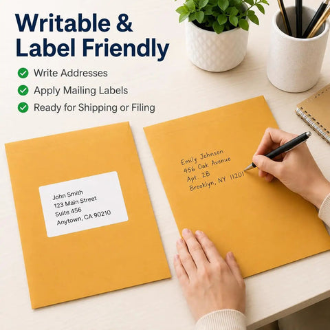 Person writing on 10x13 Inch Kraft Mailing Envelopes With Gummed Seal Closure 28lb Heavyweight Manila Catalog Envelopes for office use