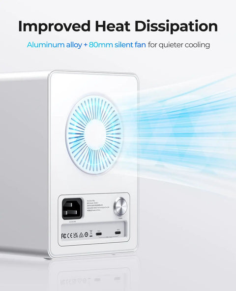 Massive 5 Bay Hard Drive Enclosure Delivers Hassle Free Installation With True Daisy Chain Linking For Up To 330Tb Total Storage Paired With Blazing 10Gbps USB 3 2 Gen 2 Transfer Speeds showing improved heat dissipation with aluminum alloy and silent fan.