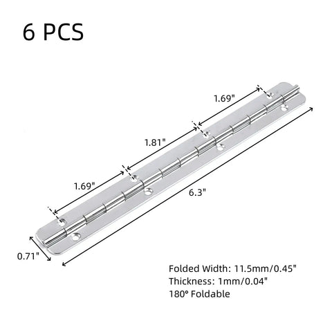 6 Piece Set Top Shelf Heavy Duty Iron Continuous Piano Hinges 6.3 Inch Long showing measurements for furniture and doors use.