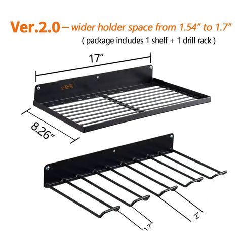 Heavy Duty Power Tool Organizer With Charging Station And Drill Holder Wall Mount Pegboard Style Garage Storage Shelves For Quick Access And Tidy Workshop Solid Metal Black, showing size dimensions
