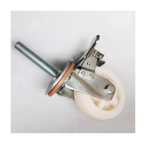 Heavy Duty Nylon Swivel Casters With Locking Brake, 4 Inch Threaded Stem Wheels, side view of caster wheel with metal frame.