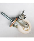 Built Tough 4 Inch Heavy Duty Nylon Swivel Caster Wheels With Locking Brake Set Of Four M20 Threaded Stem Rollers No Sweat Install Smooth Roll Cart Gear close-up of one caster wheel with brake and steel stem