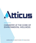Atticus logo and tagline, 'Chemistry at the Core of Environmental Wellness,' with icons for herbicides, insecticides, fungicides.