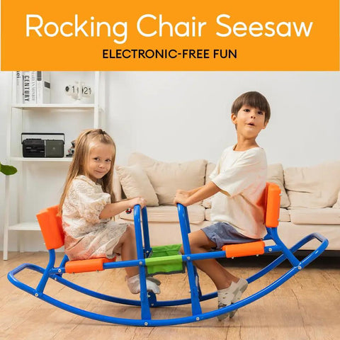 Two kids playing indoors on a Double Rocking Seesaw Teeter Totter for Two Kids Ages 3 to 5 Outdoor Backyard Ride