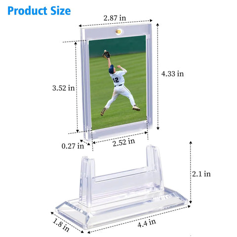 Product dimensions of Magnetic Trading Card Holders 4 Pack With Acrylic Stands For MTG Sports Baseball Football And Game Cards Display And Storage Durable Card Protectors For Collectors And Fans shown.