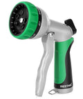 Heavy Duty Metal Garden Hose Nozzle With 7 Adjustable Spray Patterns High Pressure Hand Sprayer With Flow Control, green and silver