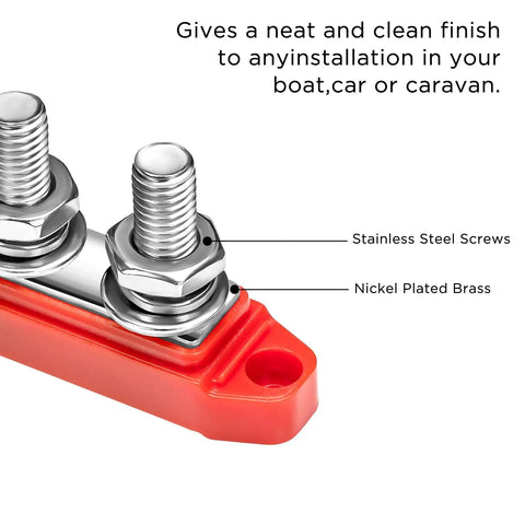 Heavy Duty 250A Bus Bar Power Distribution Block With Dual 3/8 Stud Terminals Designed For 12V To 48V DC Sets featuring stainless steel screws and nickel plated brass.
