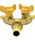 Brass Three Eighth Inch Hose Barb Y Shaped Three Way Shut Off Valve With Two Switches For Water Fuel And Air Applications