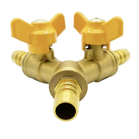 Brass Three Eighth Inch Hose Barb Y Shaped Three Way Shut Off Valve With Two Switches For Water Fuel And Air Applications