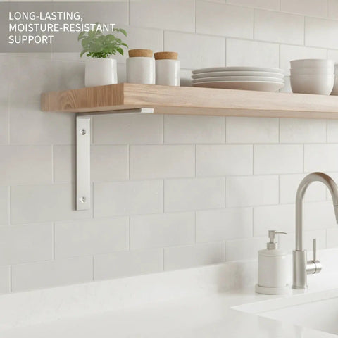 Rock Solid Stainless Steel Wall Mount Bracket For 5.9 Inch Shelves supporting a kitchen shelf above a sink