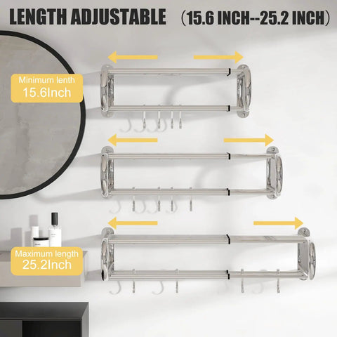 Adjustable 15 To 25 Inch Towel Rack With Shelf For Bathroom And Lavatory Double Towel Bar Rod Four Hooks Wall Mount Multifunction Towel Holder Hotel Style Stainless Steel Polished Chrome shown in three adjustable lengths.