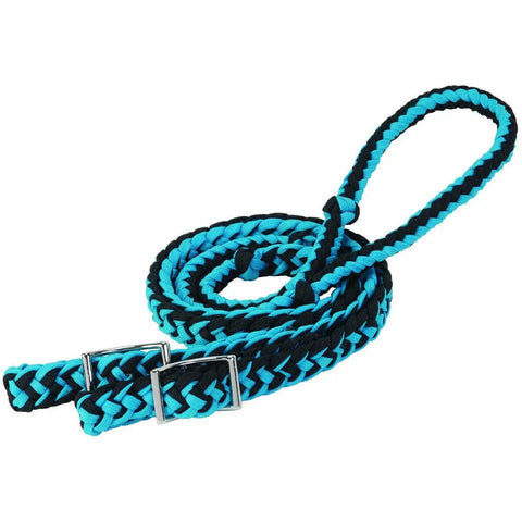 Braided Nylon Barrel Rein Half Inch By Eight Foot With Easy Grip Knots And Nickel Conway Buckle Bit Ends In Hurricane Blue And Black