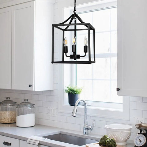Plug In Black Farmhouse Pendant Chandelier With Dope Industrial Rustic Vibe 3 Light Fixture On A 16.8 ft Hanging Cord in kitchen