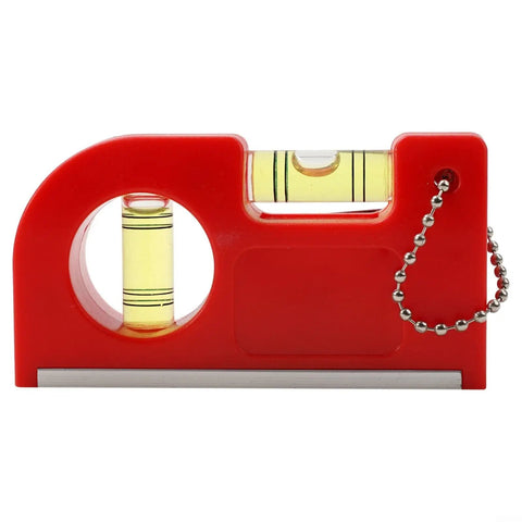2-in-1 Pocket Level with Metal Chain for Construction and DIY Projects, showing red plastic design, horizontal and vertical vials.