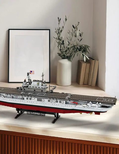 Epic USS Enterprise Aircraft Carrier Model Kit With 1883 Building Blocks displayed on a shelf, realistic warship design.