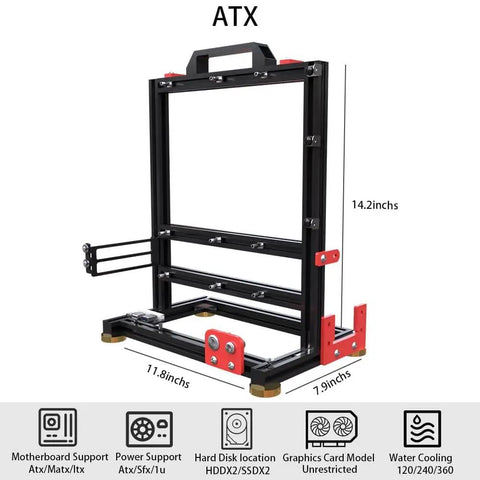 DIY Aluminum Open Frame PC Case Test Bench With Water Cooling Support Universal ITX MATX ATX EATX Motherboard Compatibility Unlimited GPU Length Open Air Chassis For Custom Builds And Server Setups shown with measurements.
