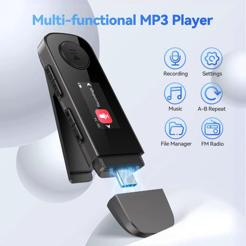 64GB Bluetooth MP3 Player With Type C USB 2 In 1 Plug And Play showcasing clip on design and Type-C connector