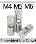 Assorted Furniture Barrel Nuts And Slotted Cross Dowels Kit Must Have With Silver Thumb Screws 5 Pcs showing embedded nut dowel