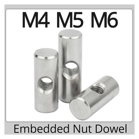 Assorted Furniture Barrel Nuts And Slotted Cross Dowels Kit Must Have With Silver Thumb Screws 5 Pcs showing embedded nut dowel