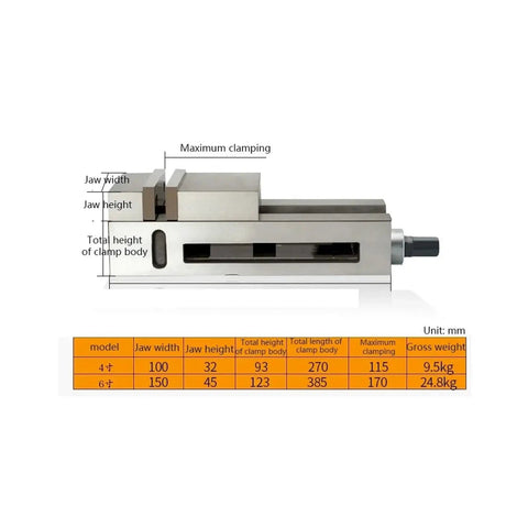 Solid As A Rock 6 Inch Heavy Duty Machinist Vise Engineered For CNC Milling Tasks with adjustable jaws and dimensions displayed.