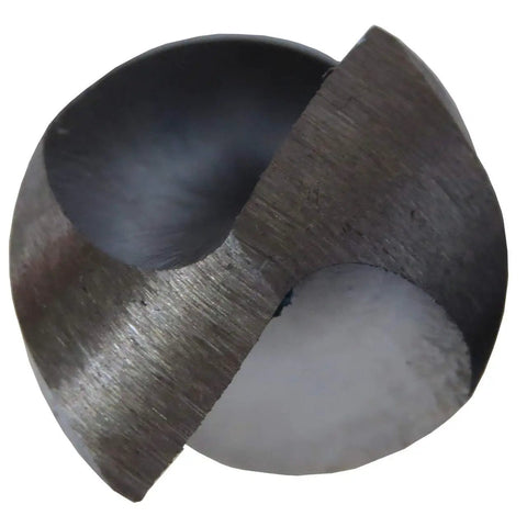Close-up of cutting edge on 1 Inch By 12 Inch HSS Extra Long Drill Bit With Half Inch Shank For General Purpose Drilling A Heavy Duty High Speed Steel Bit With Tough Wear Resistance Black Oxide Coating For Lubricity And Coolant Proximity At The Cutting Edge.