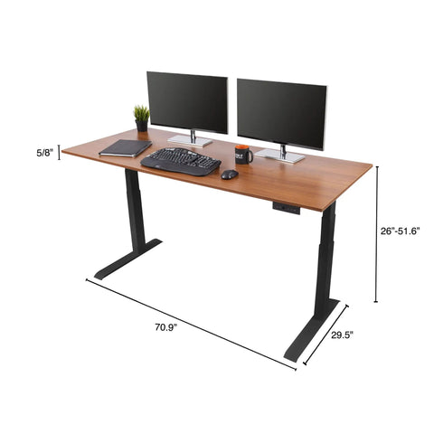 Heavy Duty Electric Standing Desk With Programmable Memory, Smooth Dual Motor Height Lift, Sturdy 3 Stage Telescoping Legs, Matte Black Frame And Warm Teak Surface, 72 Inch Flex Office Setup with dual monitors.
