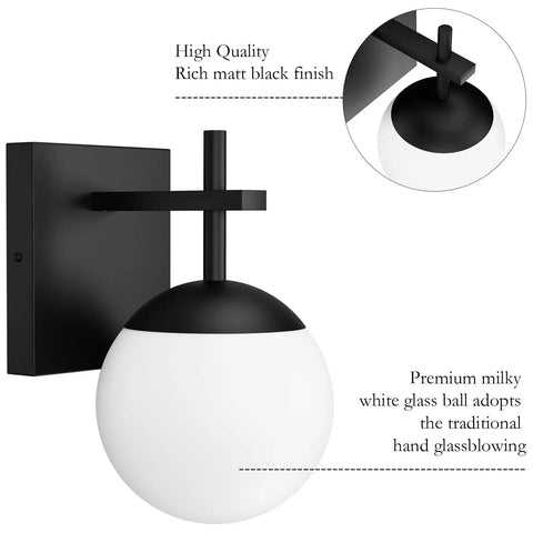 Mid Century Modern Black Wall Sconce With Milky Glass Shade 1 Light Indoor Wall Lamp matte black finish and glass globe detail