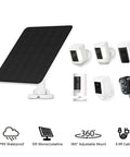 All In One Outdoor 5W Solar Panel Charger For Ring Stick Up Cam Pro Battery And Spotlight Cam Plus Wyze Battery Pro With Nine Point Eight Foot Cable And IP65 Waterproof shown with compatible cameras.