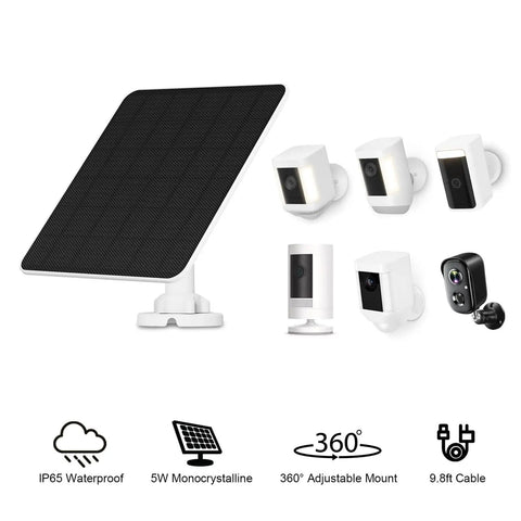 5W Solar Panel Charger For Battery Security Cameras, Outdoor USB-C Panel With 9.8ft Cable, IP65 Waterproof, shown with cameras