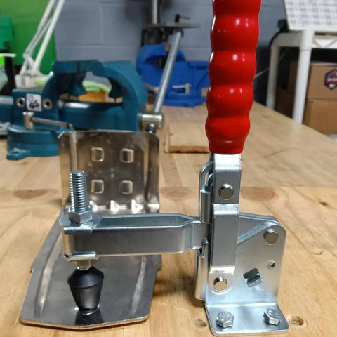 Heavy Duty Vertical Toggle Clamp U Bar Jaw Flanged Handle 750 Lb Holding Power Carbon Steel close-up on workbench