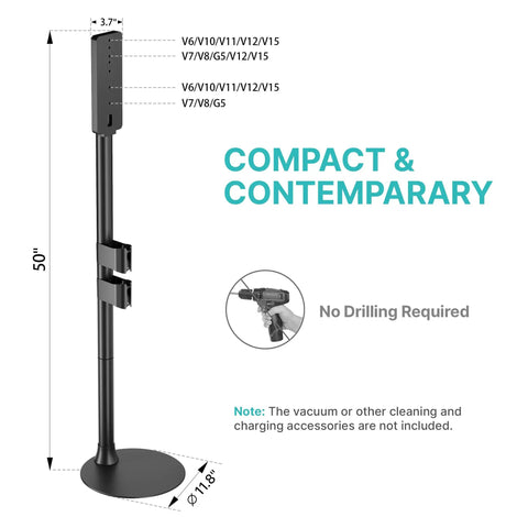 Boss Grade Steel Vacuum Stand For Cordless Vacuums with dimensions and attached accessory clips, black color.