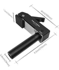 Two Pack Three Quarter Inch Aluminum Alloy Bench Dog Clamps For Woodworking With No Sweat One Hand Quick Release Lever and Rock Solid Hold Down Grip For Hassle Free Benchtop Workholding, showing dimensions and ergonomic handle.