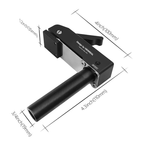Two Pack Three Quarter Inch Aluminum Alloy Bench Dog Clamps For Woodworking With No Sweat One Hand Quick Release Lever and Rock Solid Hold Down Grip For Hassle Free Benchtop Workholding, showing dimensions and ergonomic handle.