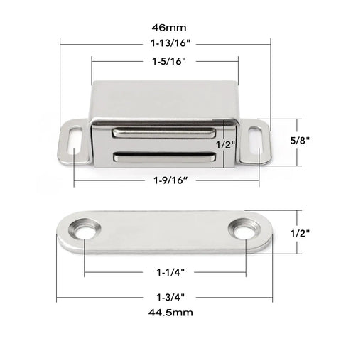 4 Pack Stainless Steel Cabinet Door Magnet Catch with precise measurements for kitchen cupboards and TV stands.