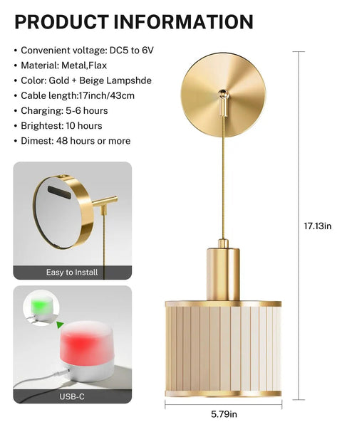 Premium Battery Operated Wall Sconces Set Of Two Wireless Rechargeable Led Lights with gold and beige finish, 17.13inch tall.