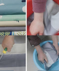 Various fabric patterns and hands washing a grey striped fabric in a blue basin, demonstrating care for the Hella Spacious Portable Wardrobe Closet.
