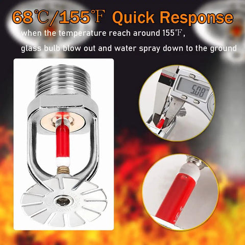 Built Tough 6 Piece Pendent Fire Sprinkler Heads 3/4 Inch 155 Degree Quick Response Brass Bodies With NPT Thread close-up showing glass bulb and sprinkling mechanism.