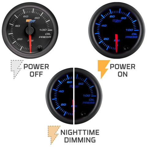 GlowShift 2-1/16 in oil pressure gauge kit with black dial, clear lens, blue backlit; includes 1/8-27 NPT sensor.